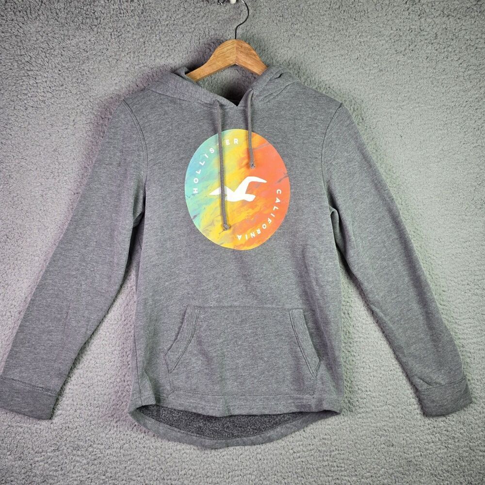 Hollister Gray Logo Pullover Hoodie Small Graphic Y2K Fleece Streetwear Lounge